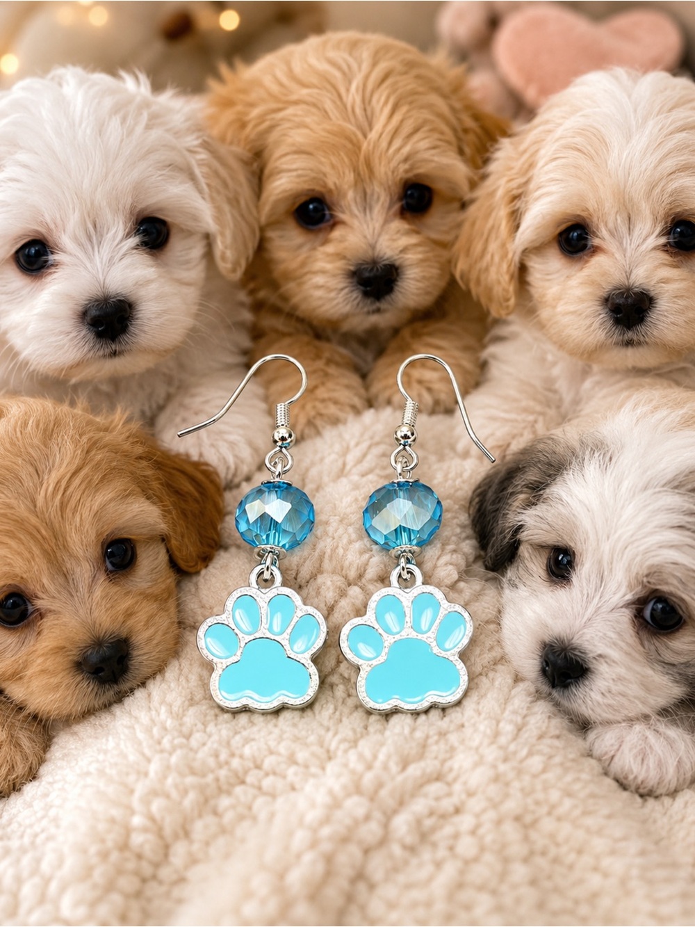 🆕🤗Turquoise Enamel & Crystal Paw Print Dangle Earrings